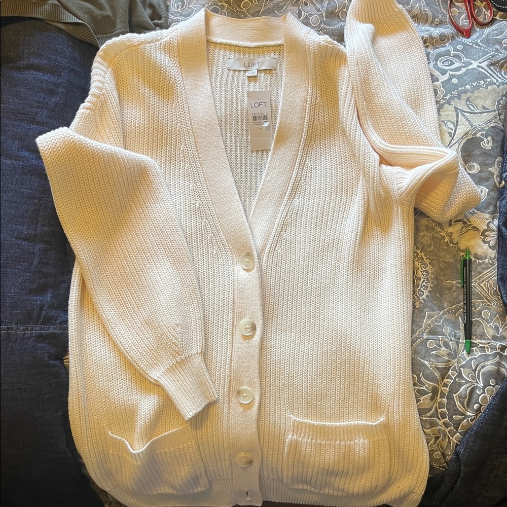 Loft Cream Button-Front Women's Cardigan Sweater w pockets New Medium - Picture 4 of 4